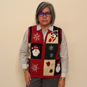 Inspire By One Step Up-Vintage-Red and Green Ugly Holiday Zipper Sweater Vest